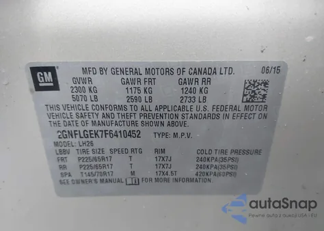 2015 Chevrolet Equinox 2Lt z USA, uszkodzony, nr VIN 2GNFLGEK7F6410452